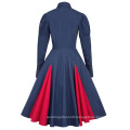 Belle Poque Victorian Style Long Sleeve Shirt Collar Contrast Color Navy Swing Retro Vintage Dress BP000366-3